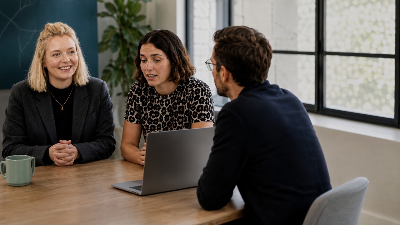 Marketing team in a meeting around a laptop at a wooden table
