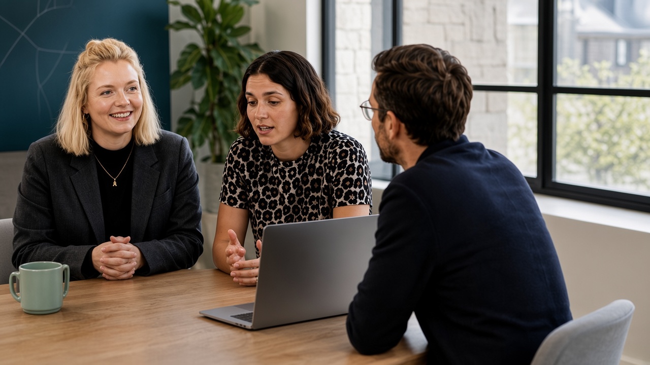 Marketing consultants in a meeting around a table with a laptop in a modern office