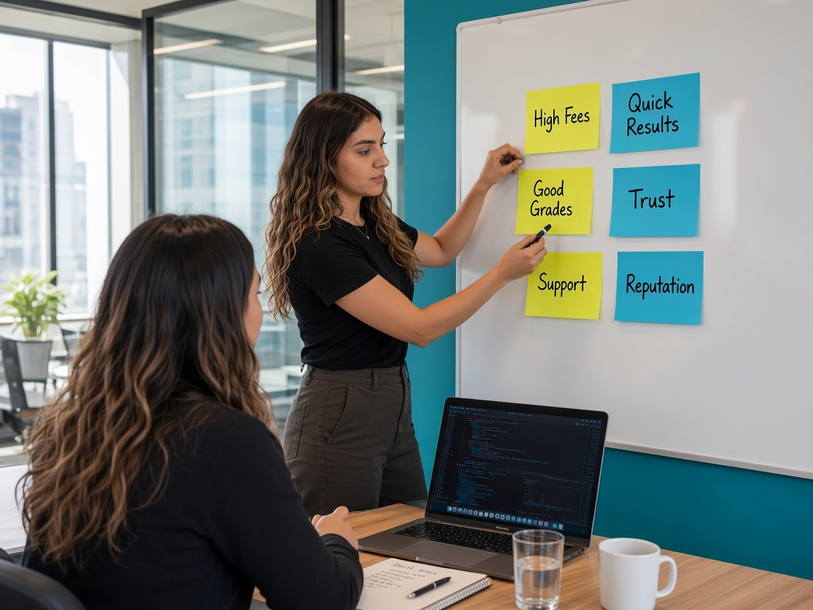 Consultant mapping customer motivations on a whiteboard while a colleague reviews the session