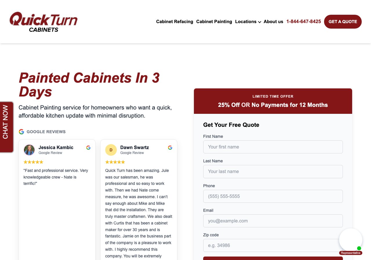 QuickTurn landing page after: offer, reviews, and quote form