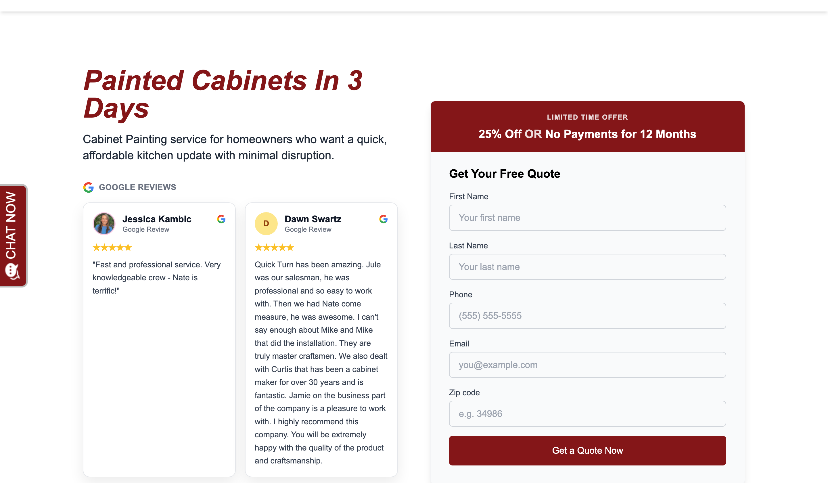Live QuickTurn Cabinets cabinet-painting page: Painted Cabinets In 3 Days with reviews and quote form
