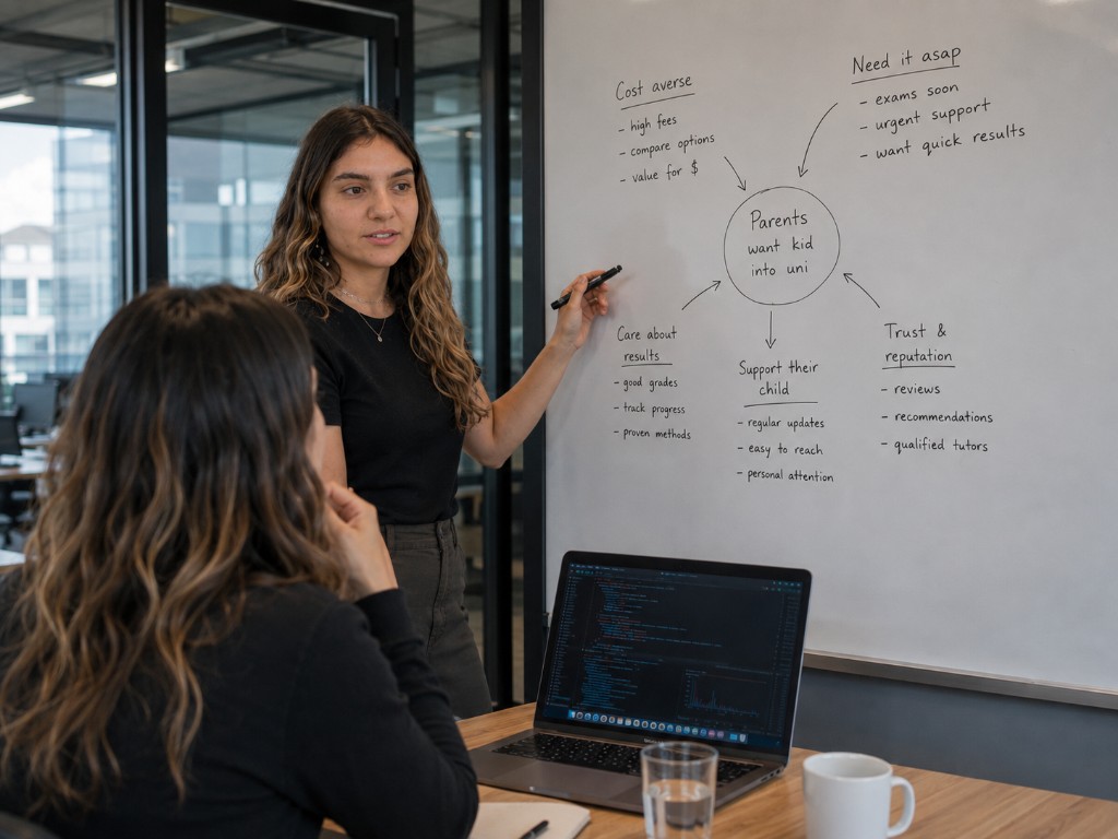 Consultant mapping customer motivations on a whiteboard while a colleague reviews the session