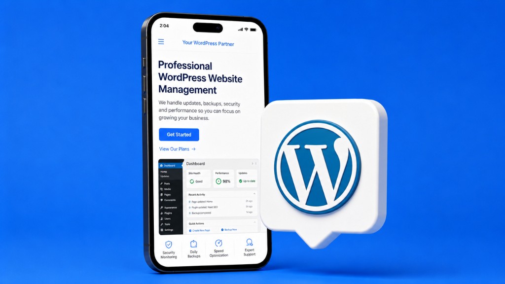 WordPress website management on a phone — updates, backups, security and performance handled for you